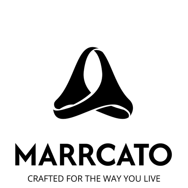 A minimalist black logo featuring an abstract curved shape above the word 'MARRCATO' and the tagline 'CRAFTED FOR THE WAY YOU LIVE' on a plain white background.
